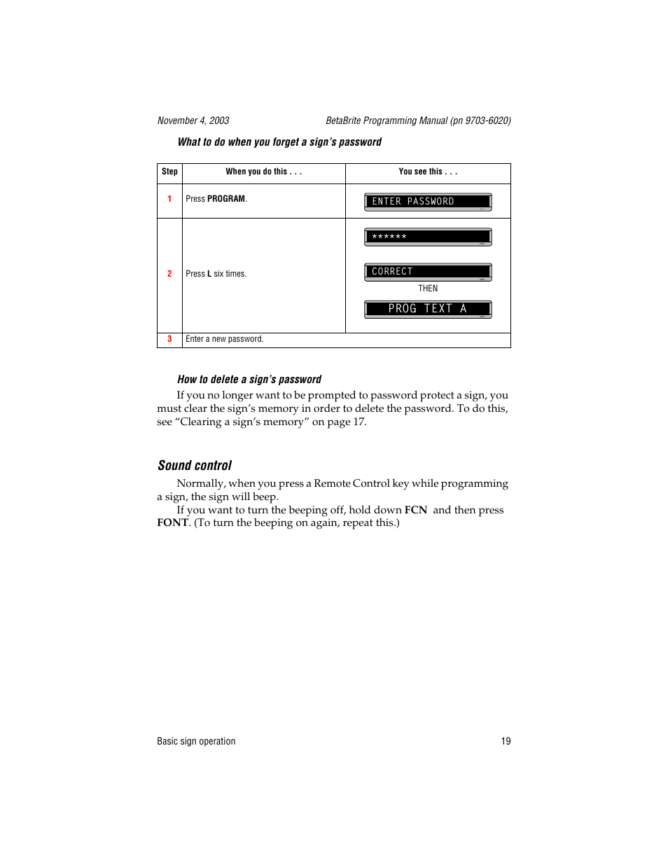What to do when you forget a sign’s password, How to delete a sign’s password, Sound control | WaveWare Adaptive Remote User Manual | Page 19 / 102