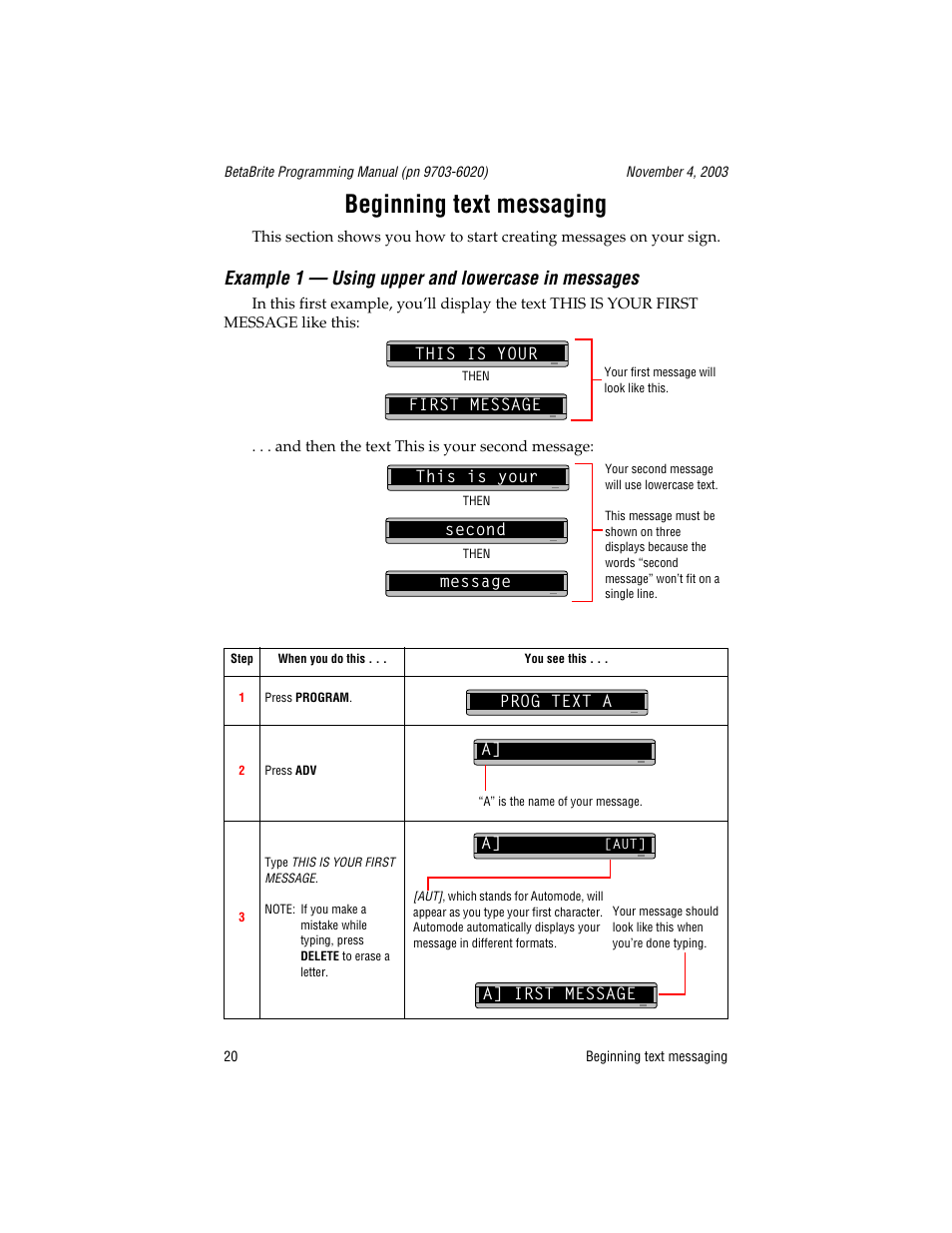 Beginning text messaging, Example 1 - using upper and lowercase in messages, First message | Second, Prog text a, Example 1 — using upper and lowercase in messages | WaveWare Adaptive Remote User Manual | Page 20 / 102