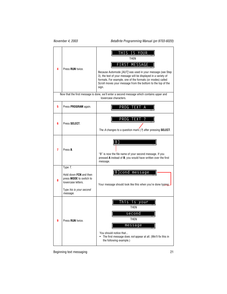 First message, Prog text a, Prog text | Second, This is your, Prog text a prog text, B]cond message, This is your message | WaveWare Adaptive Remote User Manual | Page 21 / 102