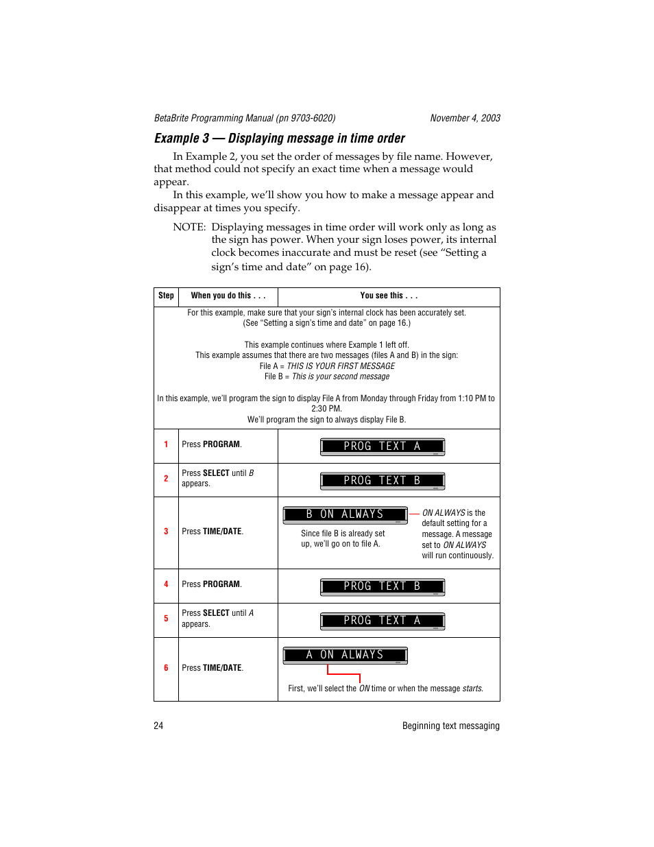 Example 3 - displaying message in time order, Prog text a, Prog text b | B on always, A on always, Example 3 — displaying message in time order, Prog text a prog text b b on always, Prog text b prog text a a on always | WaveWare Adaptive Remote User Manual | Page 24 / 102