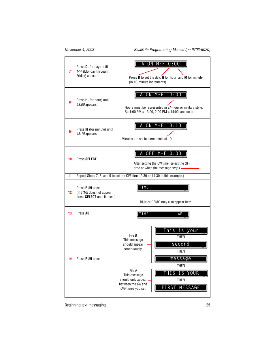 A on m-f 0:00, A on m-f 13:00, A on m-f 13:10 | A off m-f 0:00, Second, This is your message, First message, This is your | WaveWare Adaptive Remote User Manual | Page 25 / 102