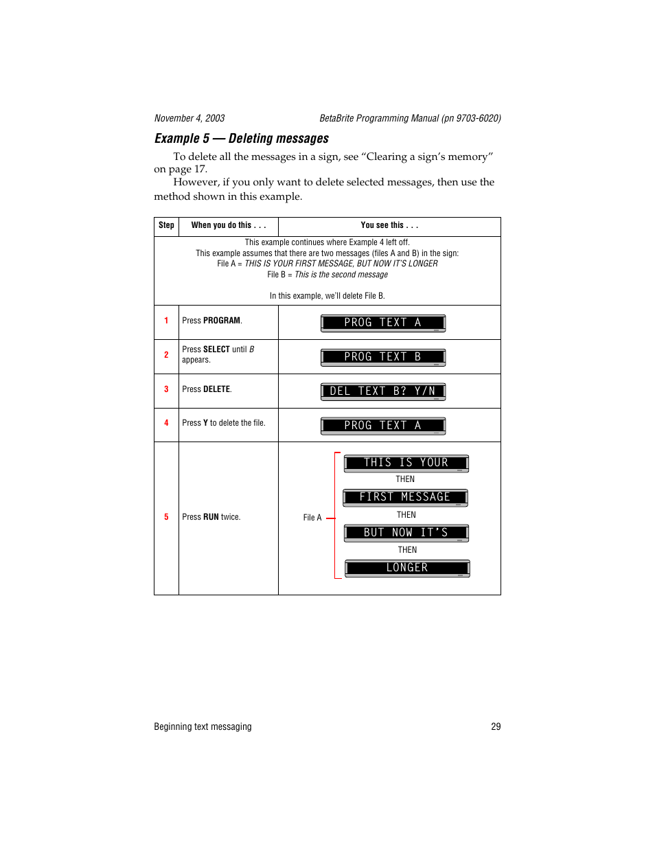 Example 5 - deleting messages, Prog text a, Prog text b | Del text b? y/n, First message, Example 5 — deleting messages | WaveWare Adaptive Remote User Manual | Page 29 / 102