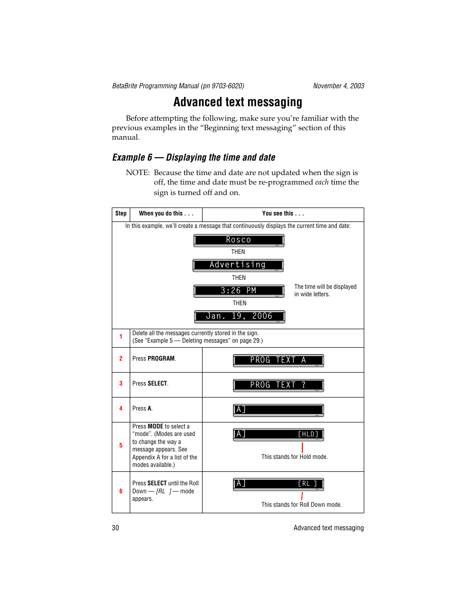 Advanced text messaging, Example 6 - displaying the time and date, Advertising | Prog text a, Prog text, Example 6 — displaying the time and date | WaveWare Adaptive Remote User Manual | Page 30 / 102