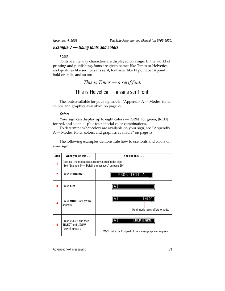 Example 7 - using fonts and colors, Fonts, Colors | Prog text a, Example 7 — using fonts and colors | WaveWare Adaptive Remote User Manual | Page 33 / 102