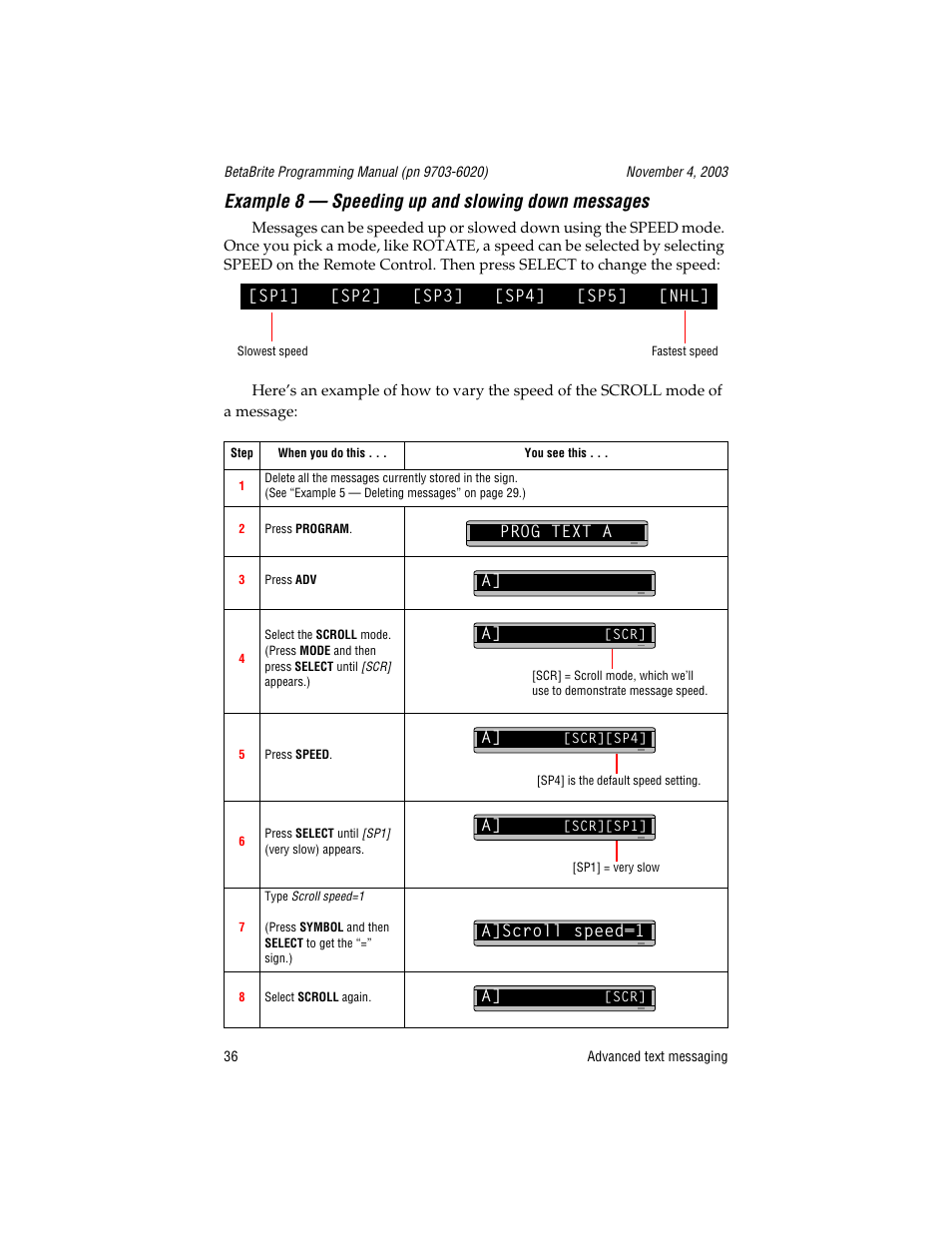 Example 8 - speeding up and slowing down messages, Sp1] [sp2] [sp3] [sp4] [sp5] [nhl, Prog text a | Example 8 — speeding up and slowing down messages | WaveWare Adaptive Remote User Manual | Page 36 / 102