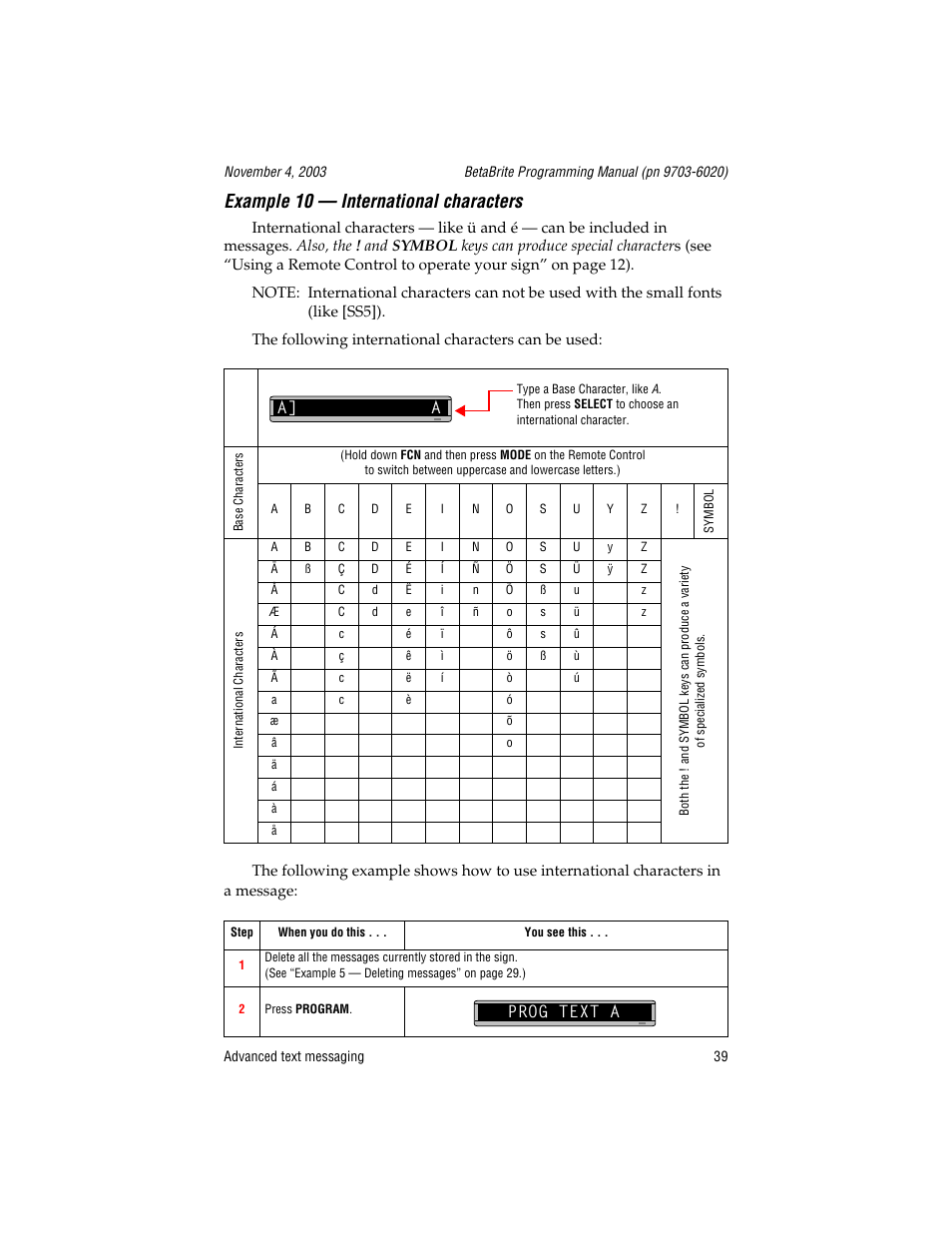 Example 10 - international characters, Prog text a, Example 10 — international characters | A] a | WaveWare Adaptive Remote User Manual | Page 39 / 102