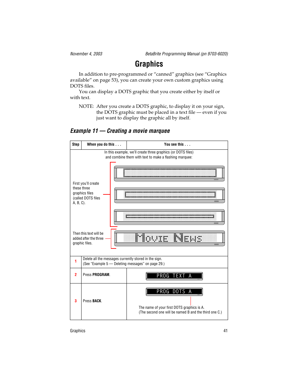 Graphics, Example 11 - creating a movie marquee, Prog text a | Prog dots a, Example 11 — creating a movie marquee | WaveWare Adaptive Remote User Manual | Page 41 / 102