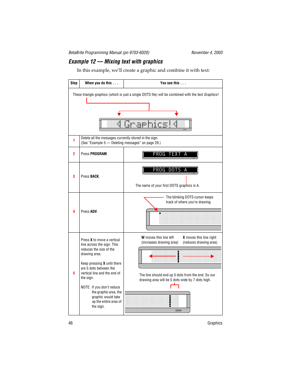 Example 12 - mixing text with graphics, Prog text a, Prog dots a | Example 12 — mixing text with graphics, Prog text a prog dots a | WaveWare Adaptive Remote User Manual | Page 46 / 102