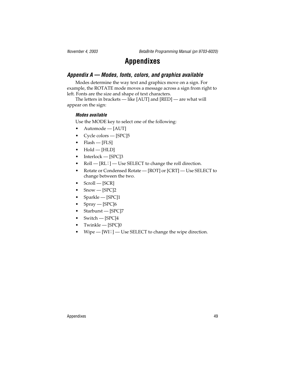 Appendixes, Modes available, Sign are in “appendix a — modes, fonts | E “appendix | WaveWare Adaptive Remote User Manual | Page 49 / 102