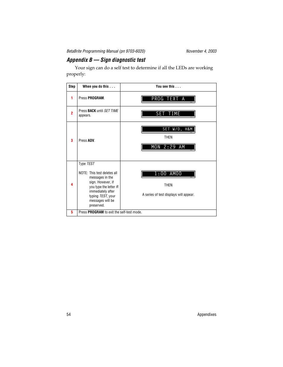 Appendix b - sign diagnostic test, Prog text a, Set time | 00 am00, Appendix b — sign diagnostic test, Prog text a set time | WaveWare Adaptive Remote User Manual | Page 54 / 102