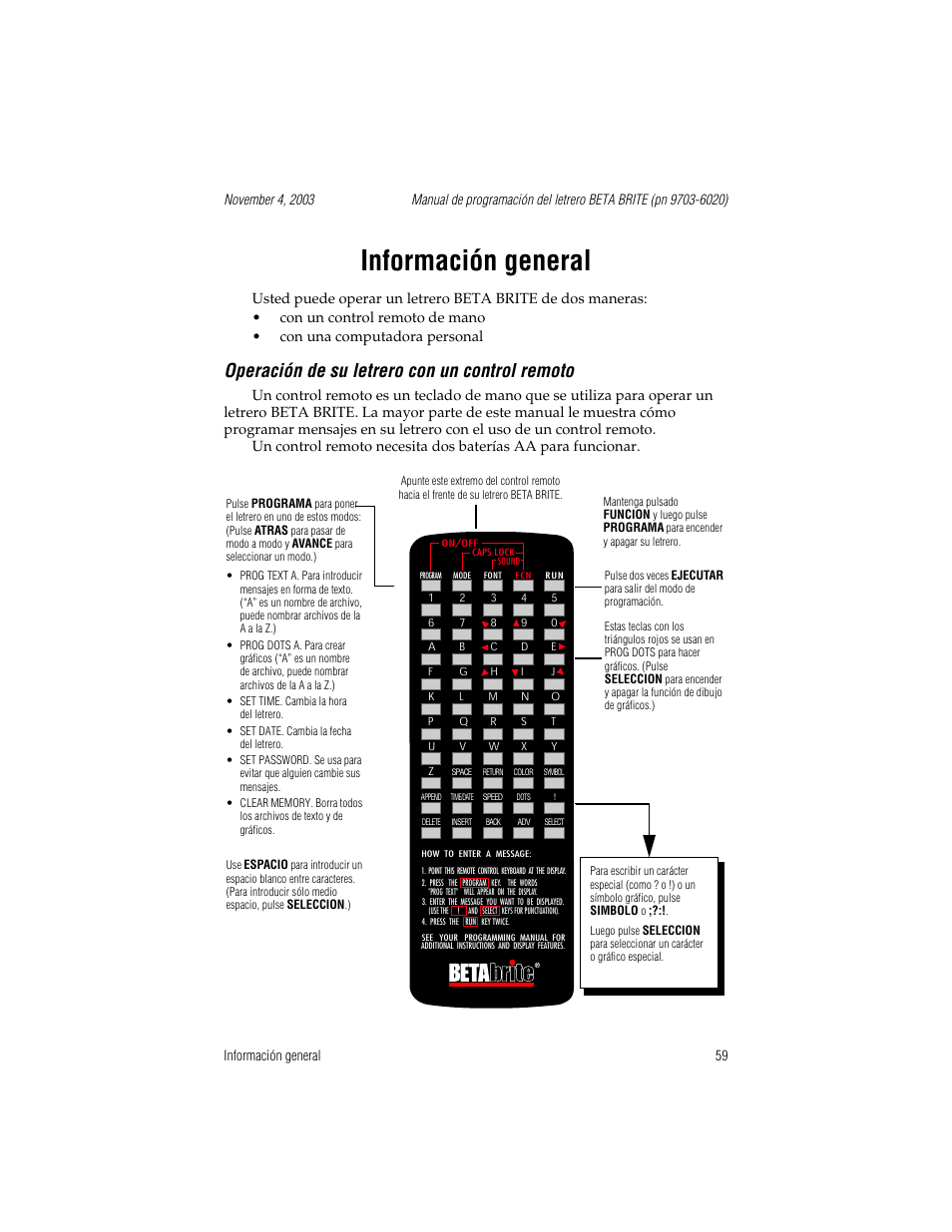 Información general, Operación de su letrero con un control remoto | WaveWare Adaptive Remote User Manual | Page 59 / 102