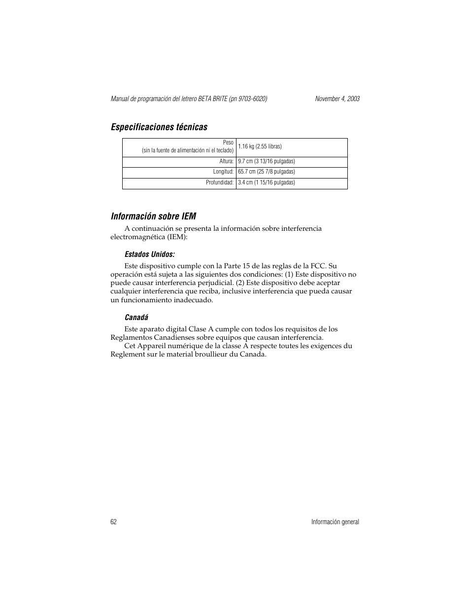 Especificaciones técnicas, Información sobre iem, Estados unidos | Canadá, 62 información sobre iem, Especificaciones técnicas información sobre iem | WaveWare Adaptive Remote User Manual | Page 62 / 102