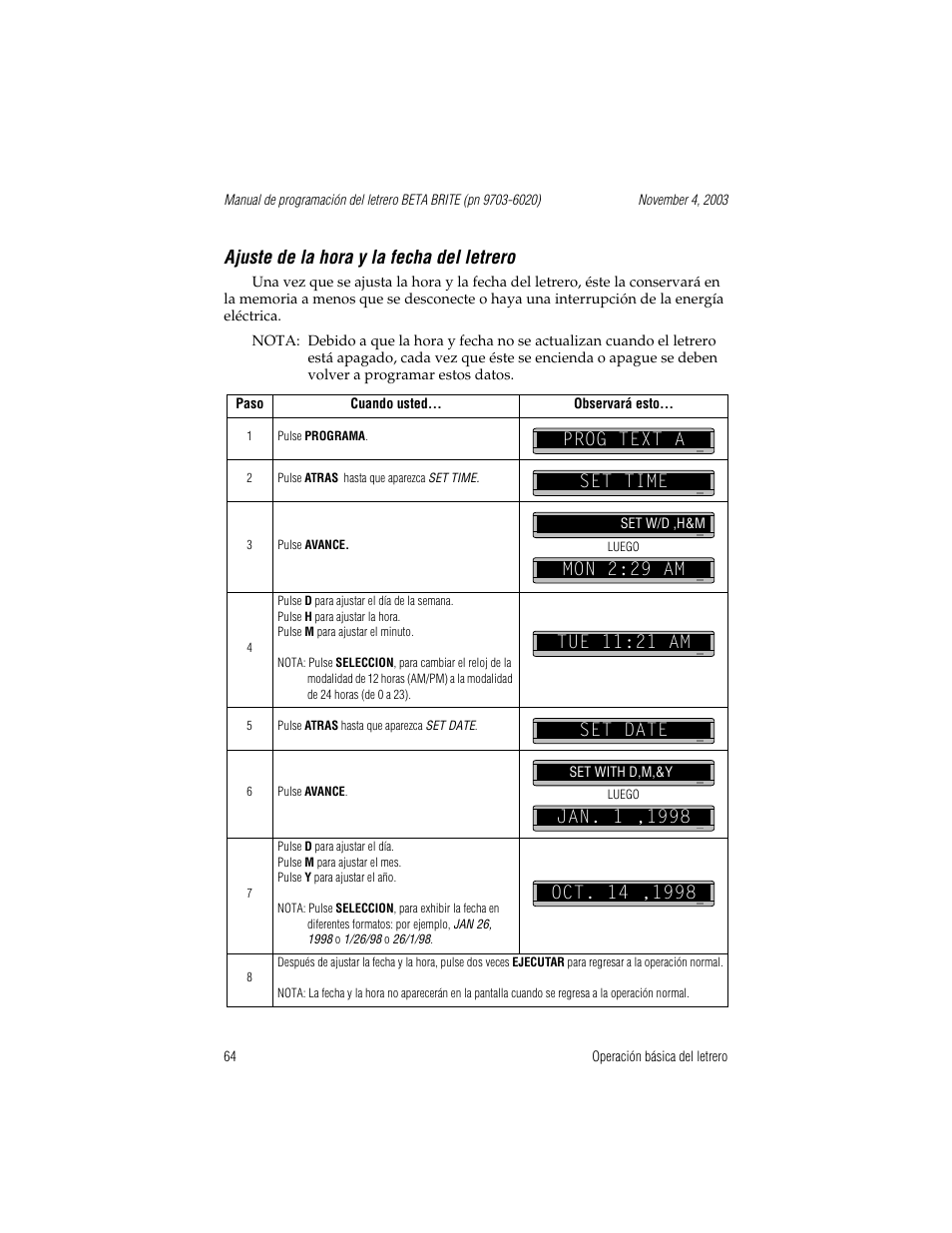 Ajuste de la hora y la fecha del letrero, Prog text a, Set time | Tue 11:21 am, Set date, Set with d,m,&y, Oct. 14 ,1998, Prog text a set time | WaveWare Adaptive Remote User Manual | Page 64 / 102
