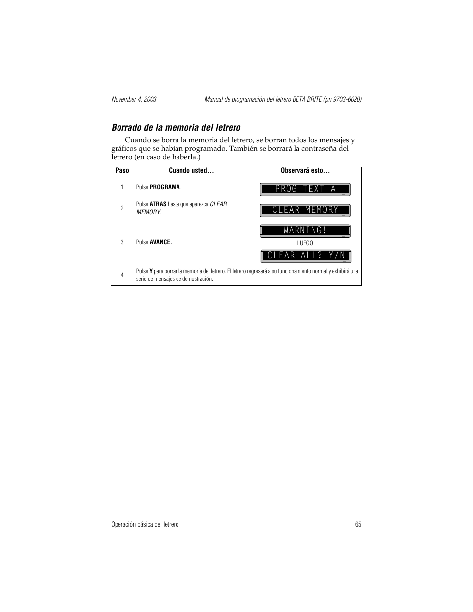 Borrado de la memoria del letrero, Prog text a, Clear memory | Warning, Clear all? y/n | WaveWare Adaptive Remote User Manual | Page 65 / 102