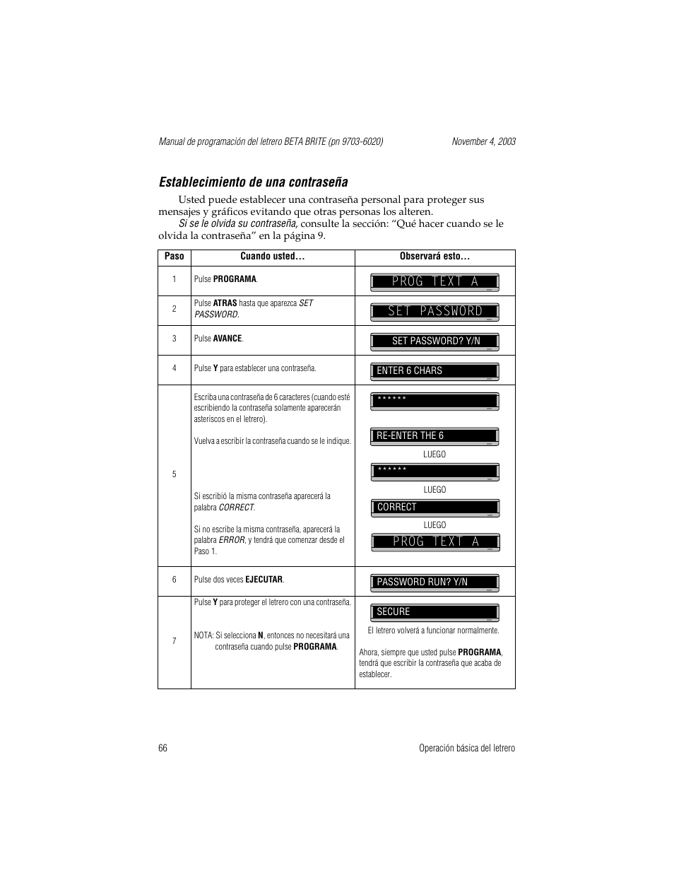 Establecimiento de una contraseña, Prog text a, Set password | Set password? y/n, Prog text a set password | WaveWare Adaptive Remote User Manual | Page 66 / 102