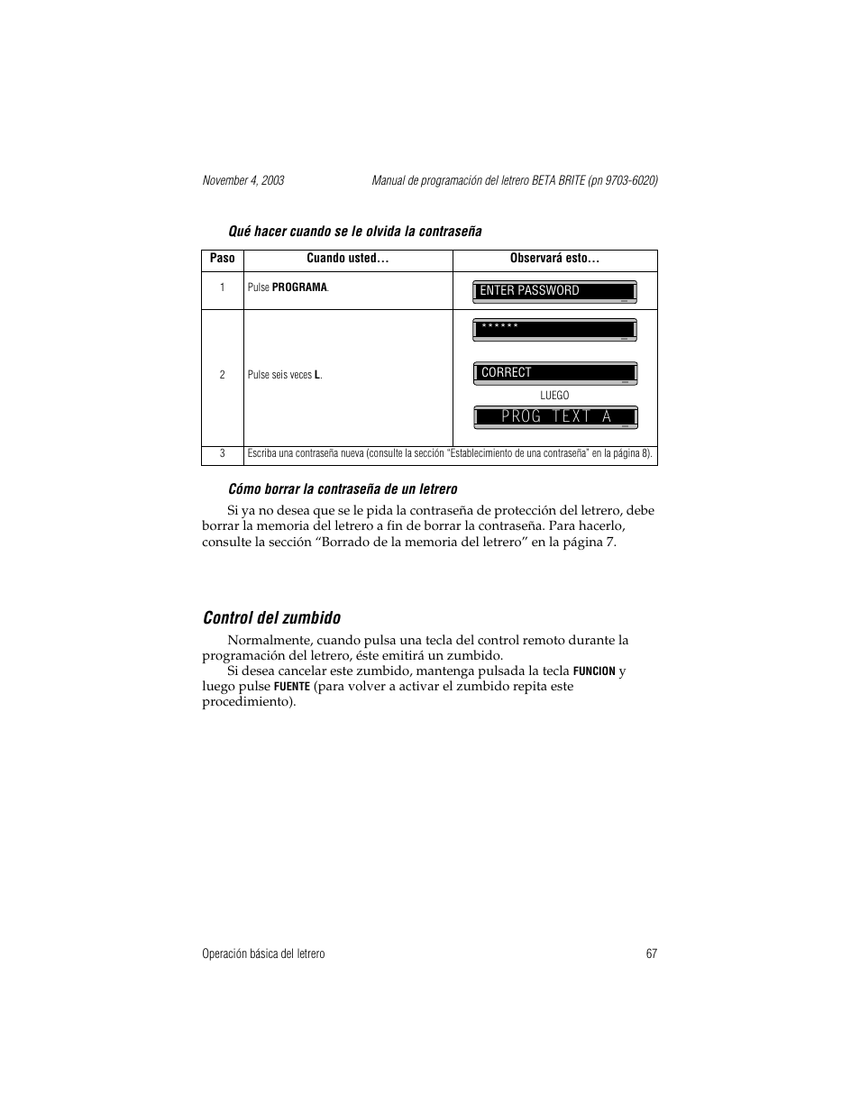 Qué hacer cuando se le olvida la contraseña, Cómo borrar la contraseña de un letrero, Control del zumbido | Prog text a | WaveWare Adaptive Remote User Manual | Page 67 / 102