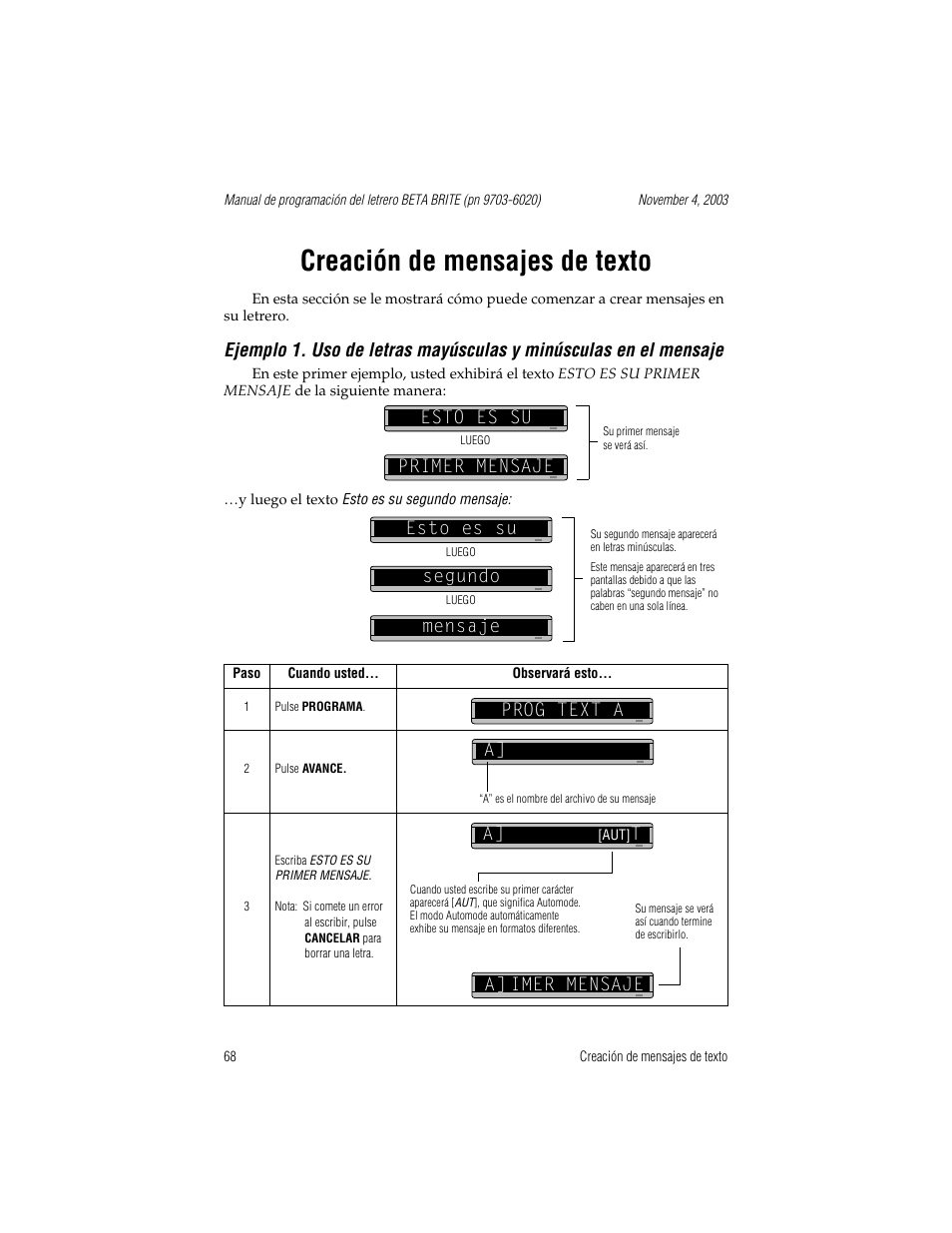 Creación de mensajes de texto, Prog text a, Esto es su primer mensaje | Esto es su segundo, Mensaje prog text a, Imer mensaje | WaveWare Adaptive Remote User Manual | Page 68 / 102