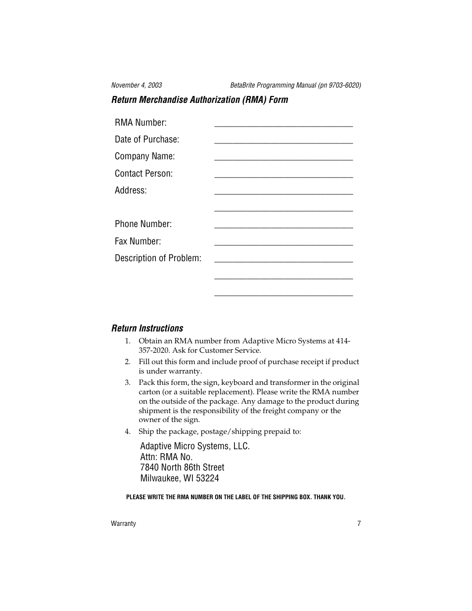 Return merchandise authorization (rma) form, Return instructions, Ship the package, postage/shipping prepaid to | WaveWare Adaptive Remote User Manual | Page 7 / 102