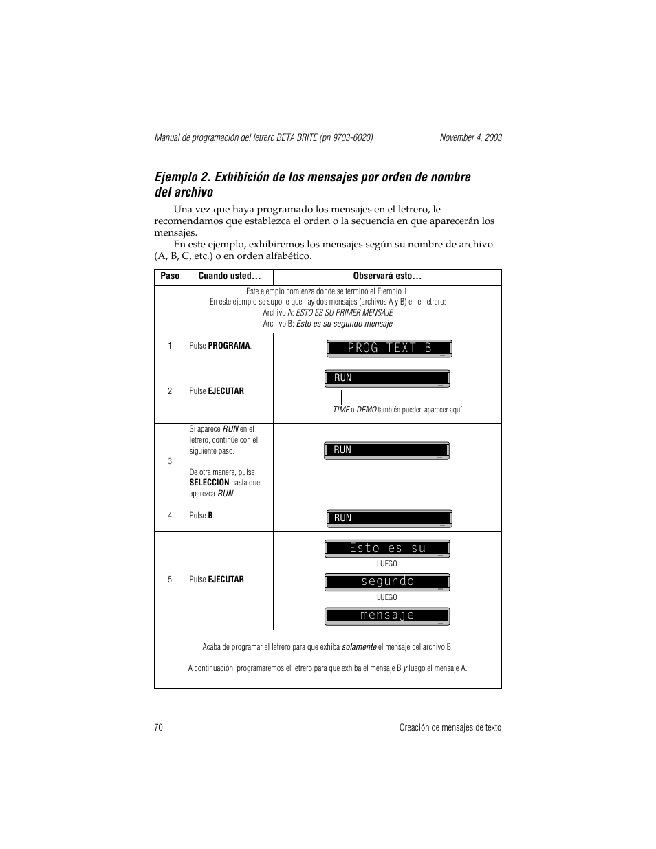 Prog text b, Esto es su, Esto es su segundo | Mensaje | WaveWare Adaptive Remote User Manual | Page 70 / 102