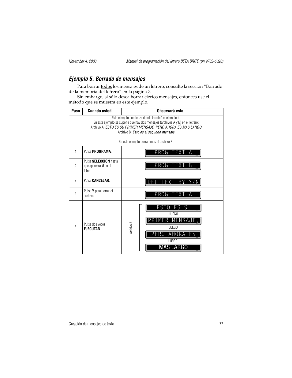 Ejemplo 5. borrado de mensajes, Prog text a, Prog text b | Del text b? y/n, Archivo a, Esto es su primer mensaje, Pero ahora es, Más largo | WaveWare Adaptive Remote User Manual | Page 77 / 102