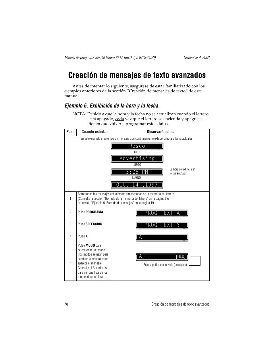 Creación de mensajes de texto avanzados, Ejemplo 6. exhibición de la hora y la fecha, Rosco | Prog text a, Prog text, Rosco advertising, 26 pm, Prog text a prog text ? a | WaveWare Adaptive Remote User Manual | Page 78 / 102