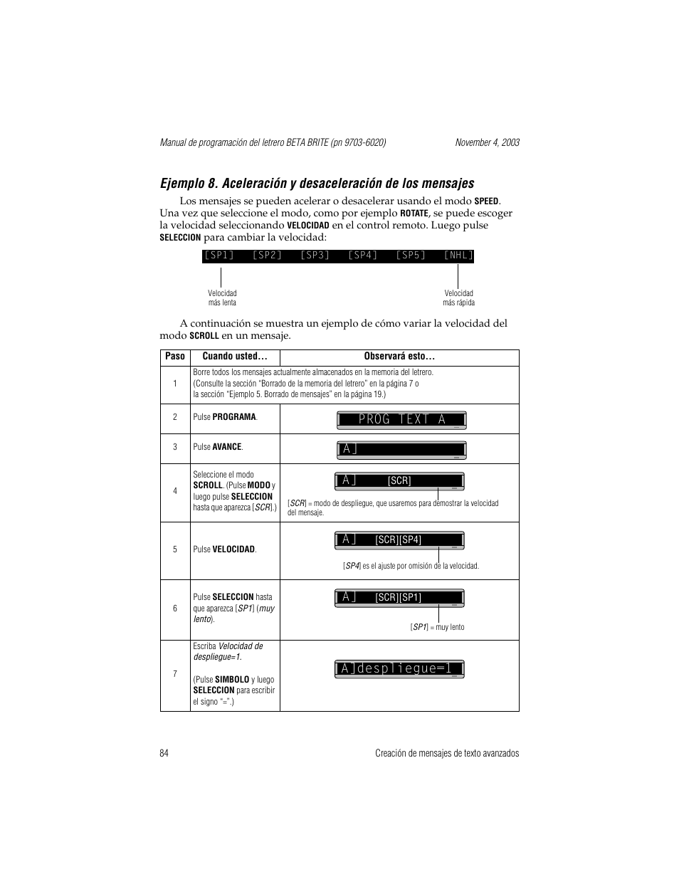 Sp1] [sp2] [sp3] [sp4] [sp5] [nhl, Prog text a, Prog text a a] a | A]despliegue=1 | WaveWare Adaptive Remote User Manual | Page 84 / 102