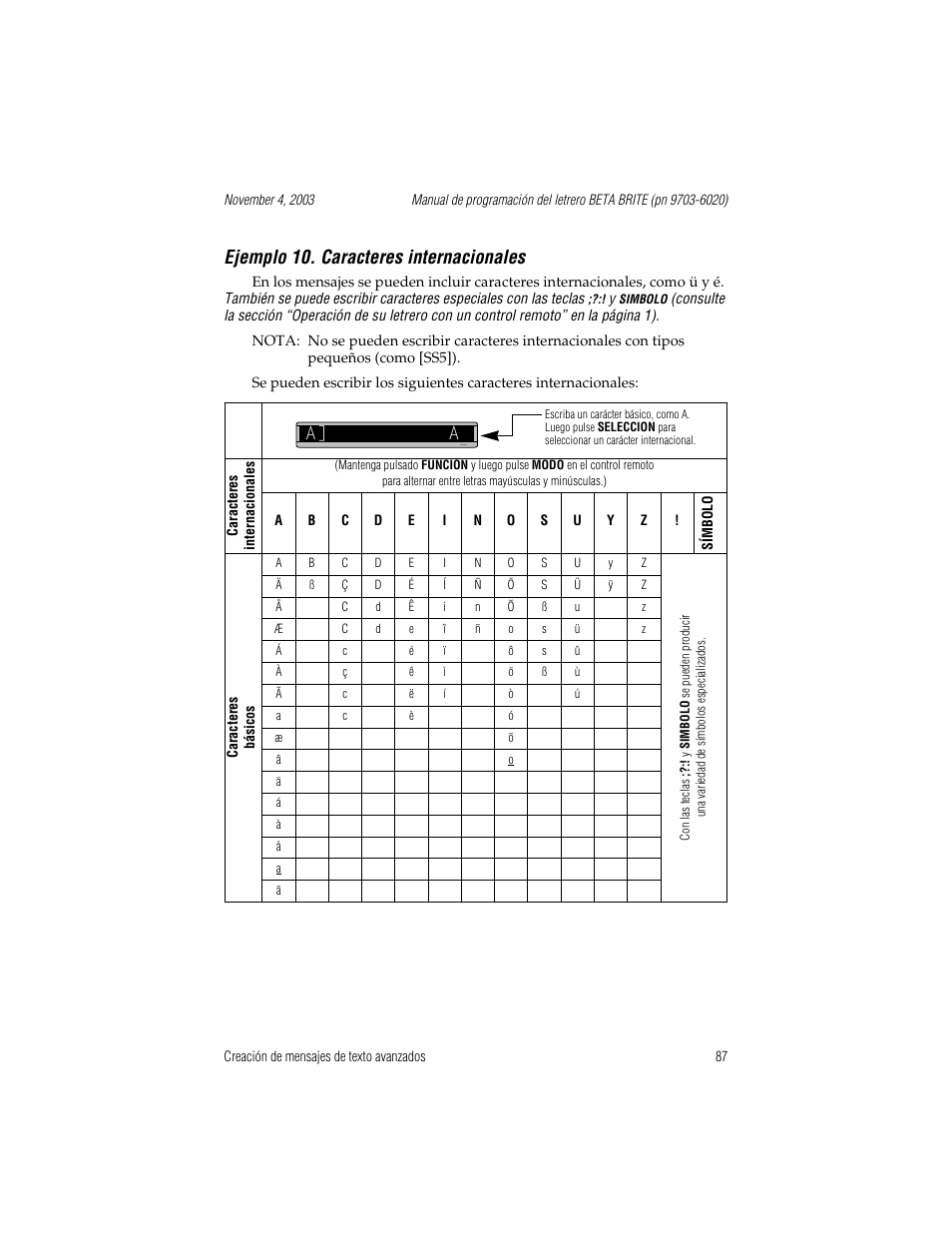 Ejemplo 10. caracteres internacionales, A] a | WaveWare Adaptive Remote User Manual | Page 87 / 102