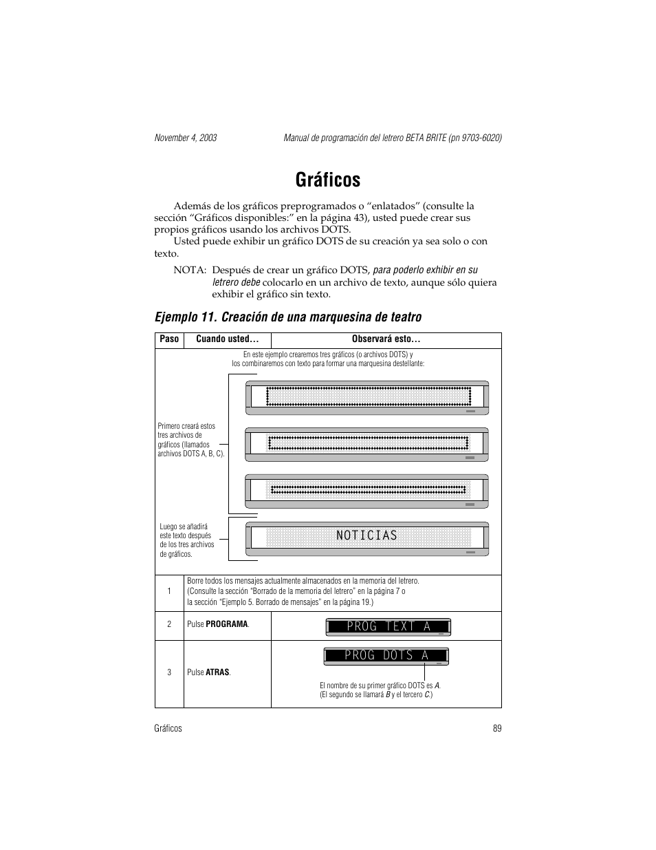 Gráficos, Ejemplo 11. creación de una marquesina de teatro, Prog text a | Noticias prog text a, Prog dots a | WaveWare Adaptive Remote User Manual | Page 89 / 102