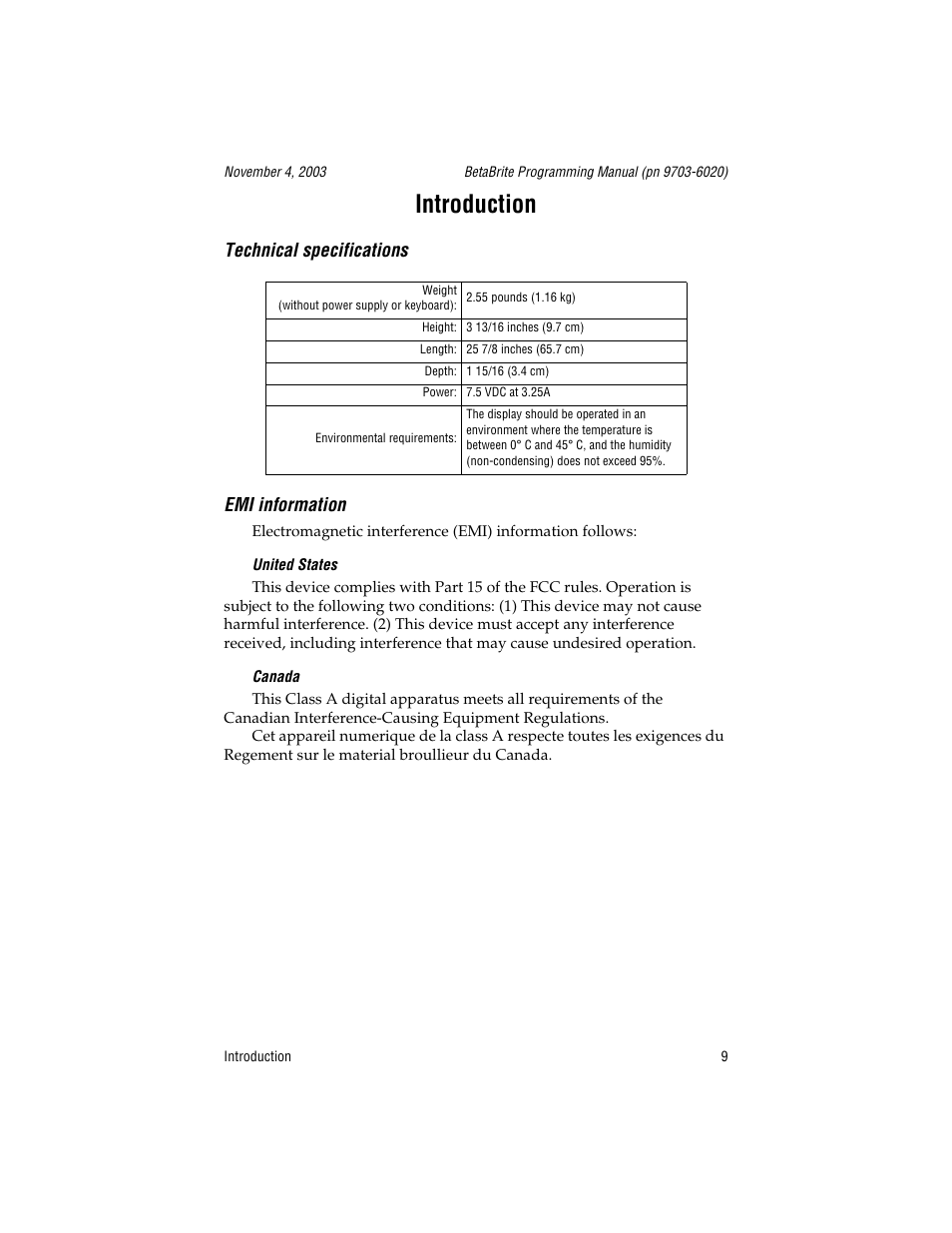 Introduction, Technical specifications, Emi information | United states, Canada, Technical specifications emi information | WaveWare Adaptive Remote User Manual | Page 9 / 102