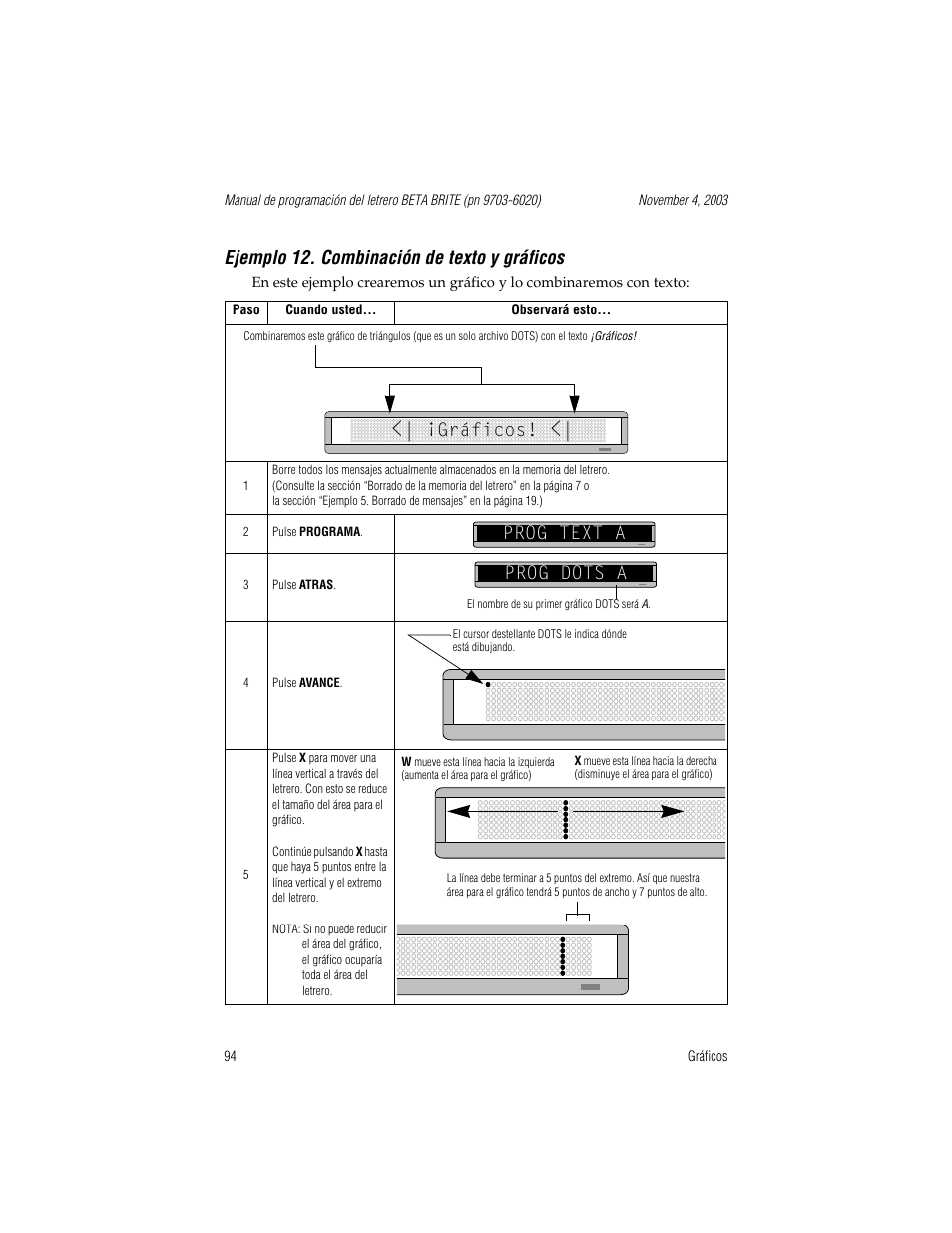 Ejemplo 12. combinación de texto y gráficos, Prog text a, Gráficos | Prog dots a | WaveWare Adaptive Remote User Manual | Page 94 / 102