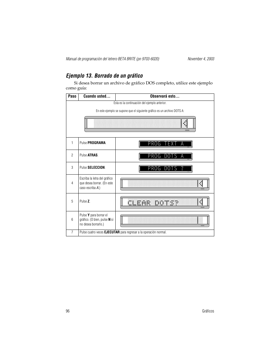 Ejemplo 13. borrado de un gráfico, Esta es la continuación del ejemplo anterior, Prog text a | Prog dots a, Prog dots, Prog text a prog dots a prog dots | WaveWare Adaptive Remote User Manual | Page 96 / 102