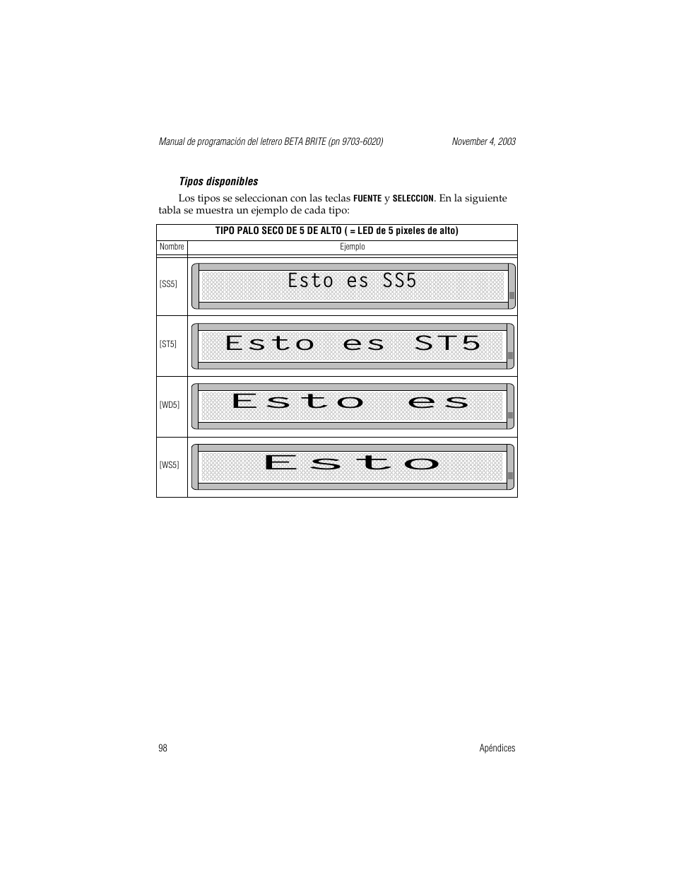 Tipos disponibles, Esto es ss5, Esto es st5 | Esto es, Esto es ss5 esto es st5 esto es esto | WaveWare Adaptive Remote User Manual | Page 98 / 102