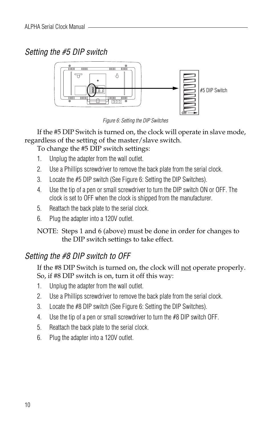 Setting the #5 dip switch, Setting the #8 dip switch to off | WaveWare Adaptive Serial LED Clock User Manual | Page 16 / 18