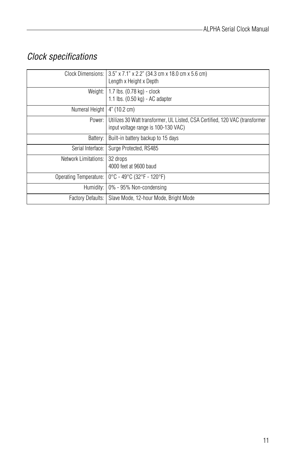 Clock specifications | WaveWare Adaptive Serial LED Clock User Manual | Page 17 / 18