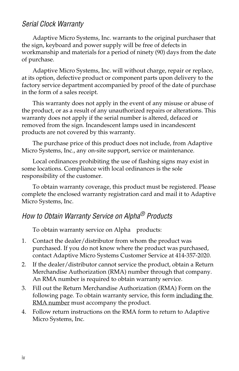 Serial clock warranty, How to obtain warranty service on alpha® products, How to obtain warranty service on alpha | Products | WaveWare Adaptive Serial LED Clock User Manual | Page 4 / 18