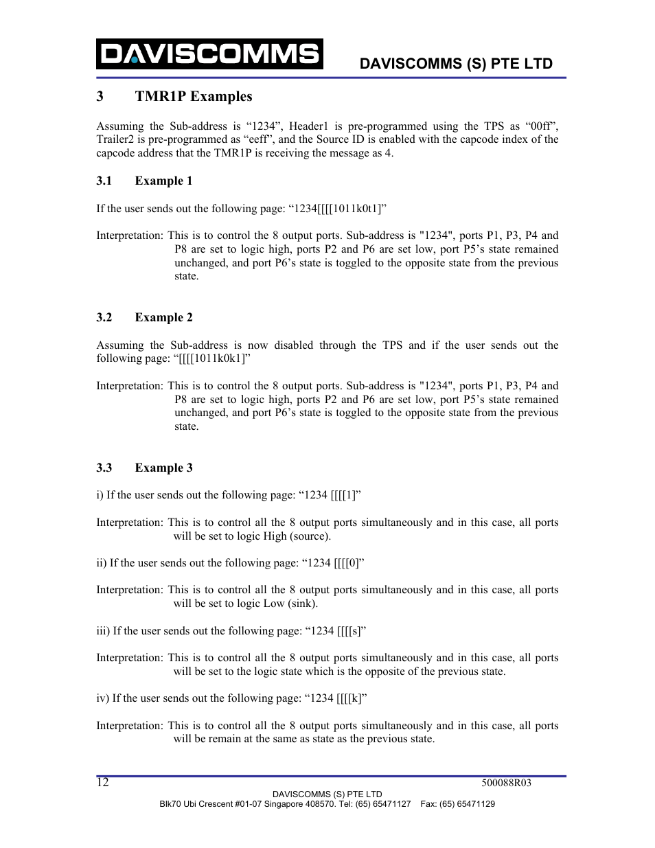 Tmr1p examples, Example 1, Example 2 | Example 3, Daviscomms (s) pte ltd, 3 tmr1p examples | WaveWare TMR1P User Manual | Page 12 / 26