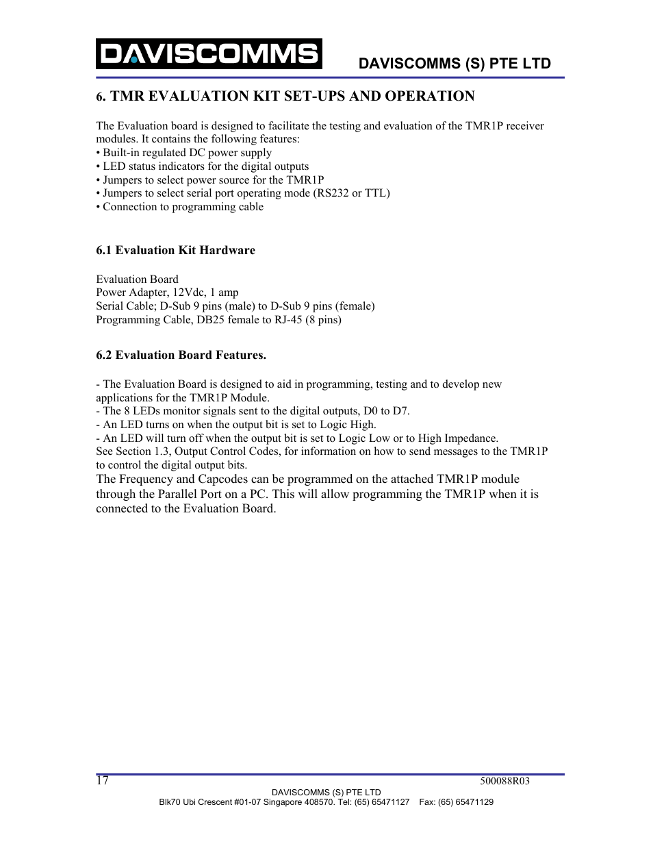 Daviscomms (s) pte ltd, Tmr evaluation kit set-ups and operation | WaveWare TMR1P User Manual | Page 17 / 26