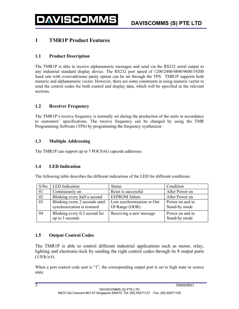 Tmr1p product features, Product description, Receiver frequency | Multiple addressing, Led indication, Output control codes, Daviscomms (s) pte ltd, 1tmr1p product features | WaveWare TMR1P User Manual | Page 3 / 26