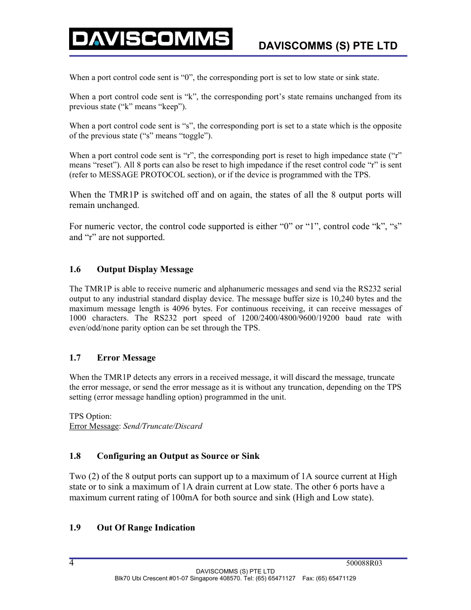 Output display message, Error message, Configuring an output as source or sink | Out of range indication, Daviscomms (s) pte ltd | WaveWare TMR1P User Manual | Page 4 / 26