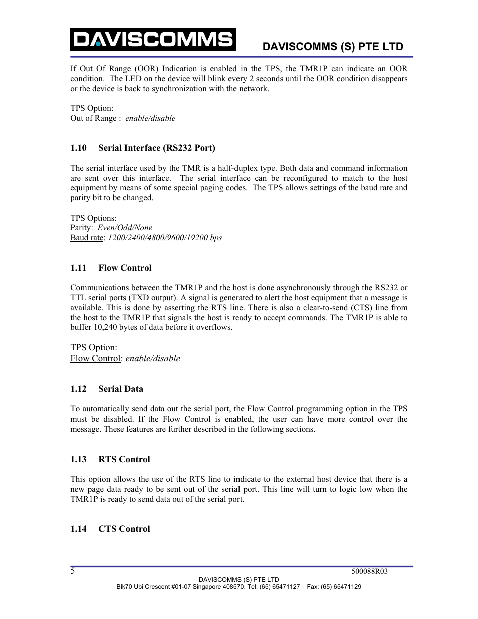 Serial interface (rs232 port), Flow control, Serial data | Rts control, Cts control, Daviscomms (s) pte ltd | WaveWare TMR1P User Manual | Page 5 / 26