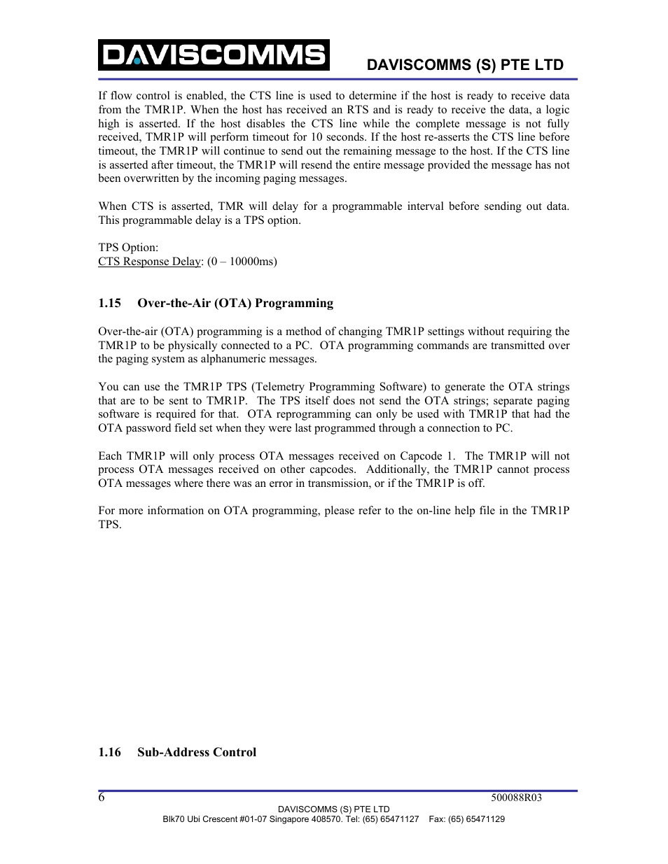 Over-the-air (ota) programming, Sub-address control, Daviscomms (s) pte ltd | WaveWare TMR1P User Manual | Page 6 / 26