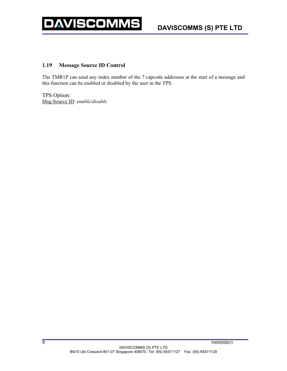 Message source id control, Daviscomms (s) pte ltd | WaveWare TMR1P User Manual | Page 8 / 26