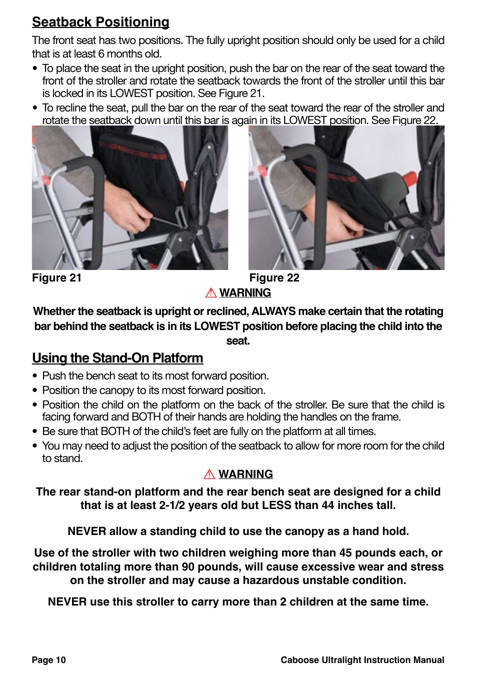 Seatback positioning, Using the stand-on platform | Chicco 455 User Manual | Page 10 / 20