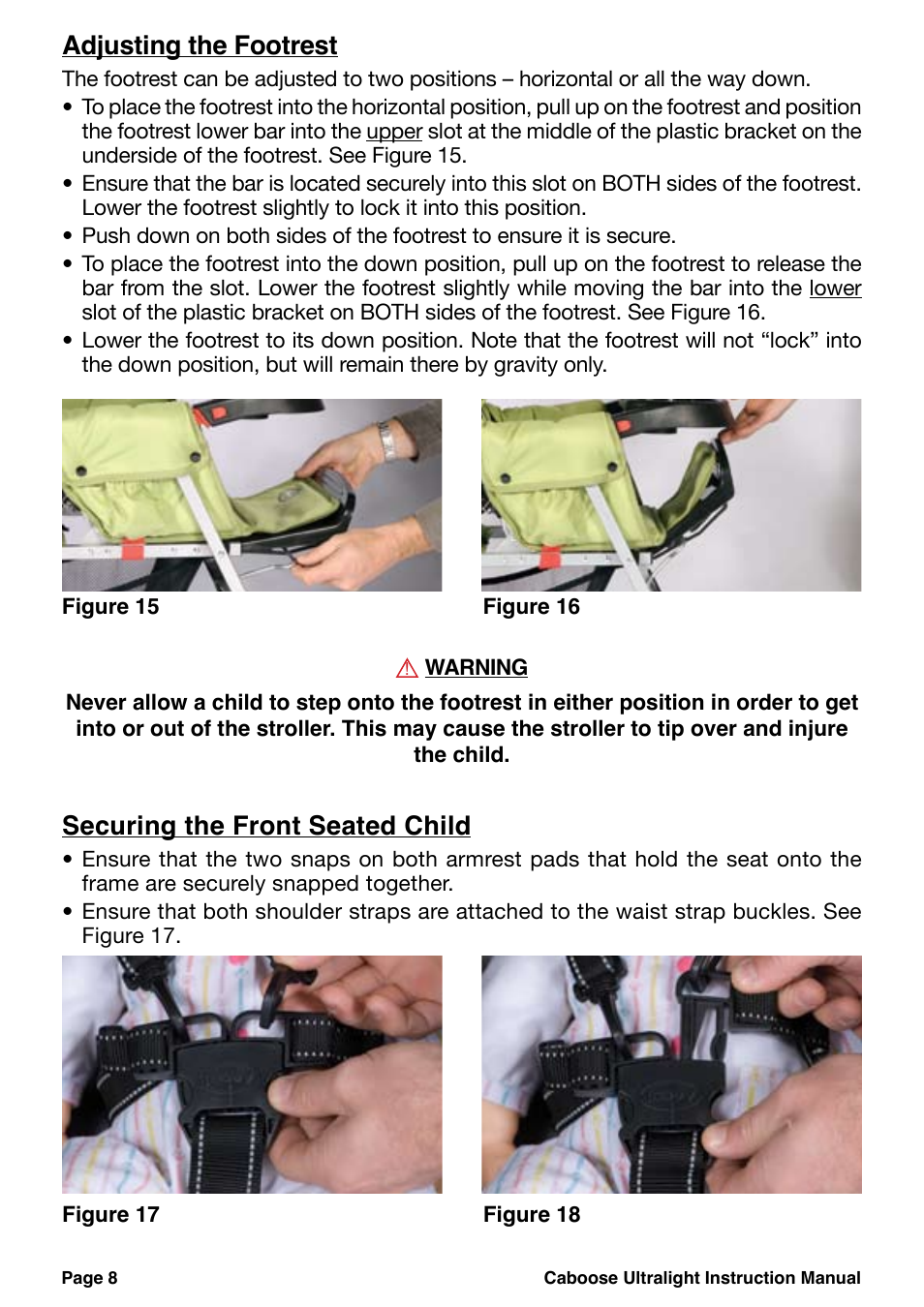 Adjusting the footrest, Securing the front seated child | Chicco 455 User Manual | Page 8 / 20