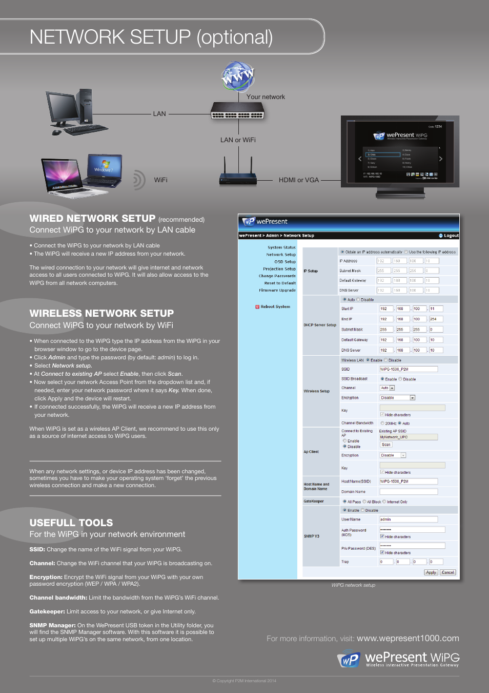 Network setup (optional), Wired network setup, Wireless network setup usefull tools | wePresent WiPG User Manual | Page 2 / 2