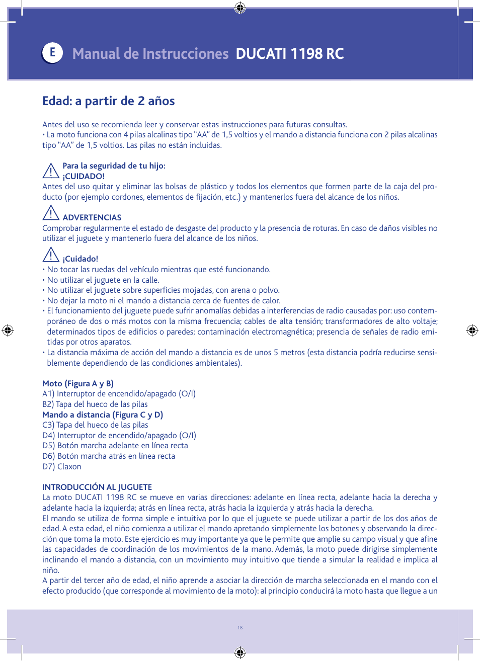 Manual de instrucciones ducati 1198 rc, Edad: a partir de 2 años | Chicco DUCATI 1198 RC User Manual | Page 18 / 52