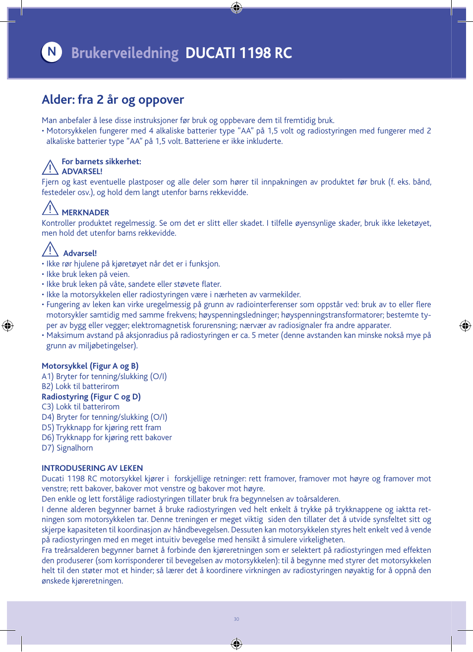 Brukerveiledning ducati 1198 rc, Alder: fra 2 år og oppover | Chicco DUCATI 1198 RC User Manual | Page 30 / 52