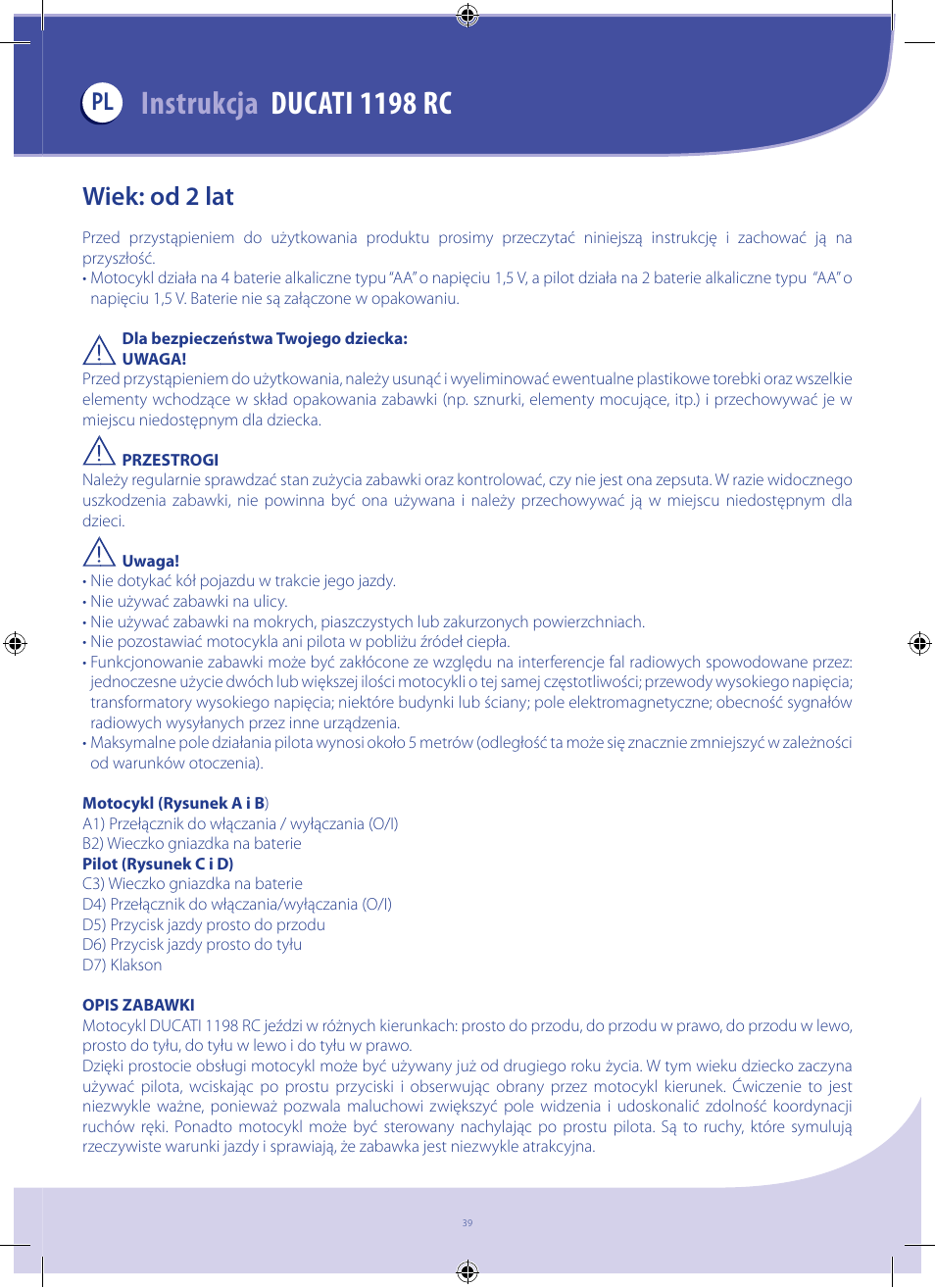 Instrukcja ducati 1198 rc, Wiek: od 2 lat | Chicco DUCATI 1198 RC User Manual | Page 39 / 52