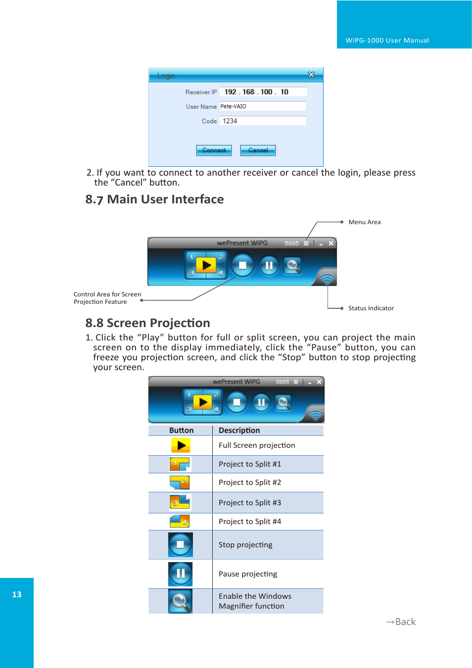 7 main user interface 8.8 screen projection | wePresent WiPG-1000 User Manual | Page 13 / 46