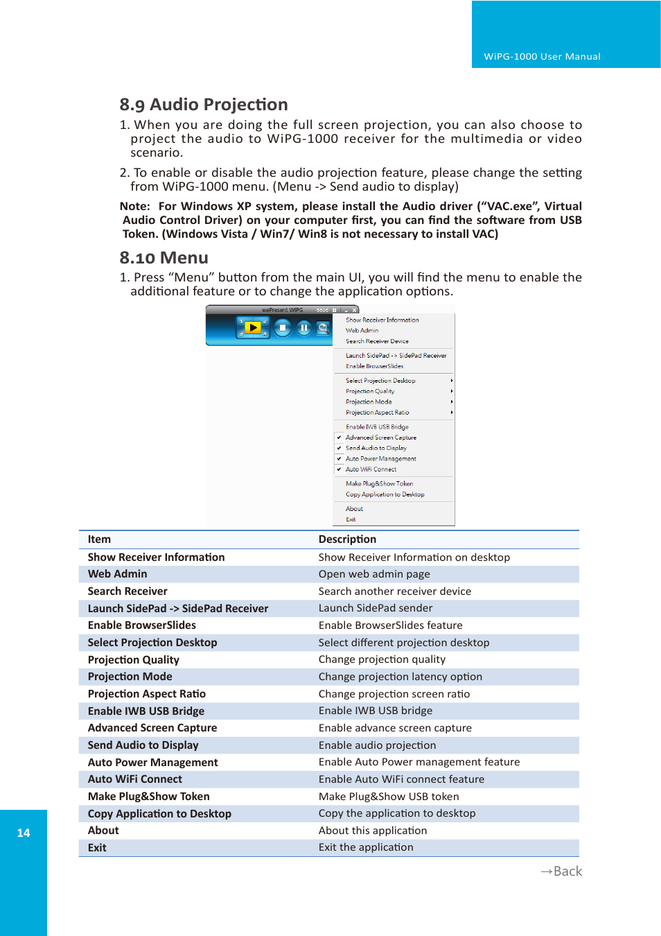 9 audio projection, 10 menu | wePresent WiPG-1000 User Manual | Page 14 / 46